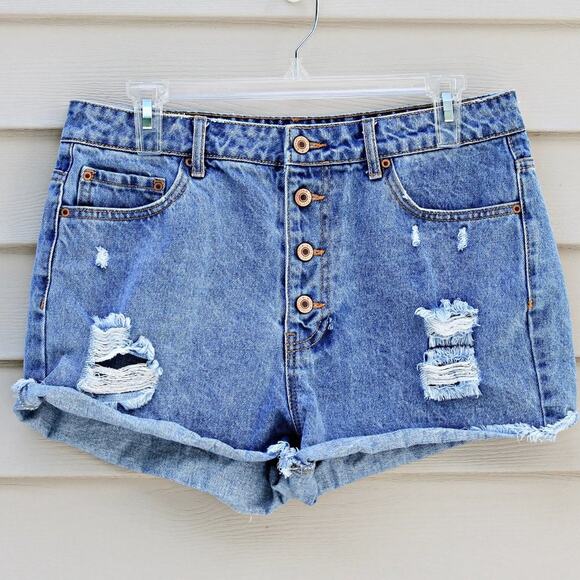Forever 21 Button Fly Jean Shorts Ripped Destroyed Indie Sleaze Size 30 - Picture 2 of 13